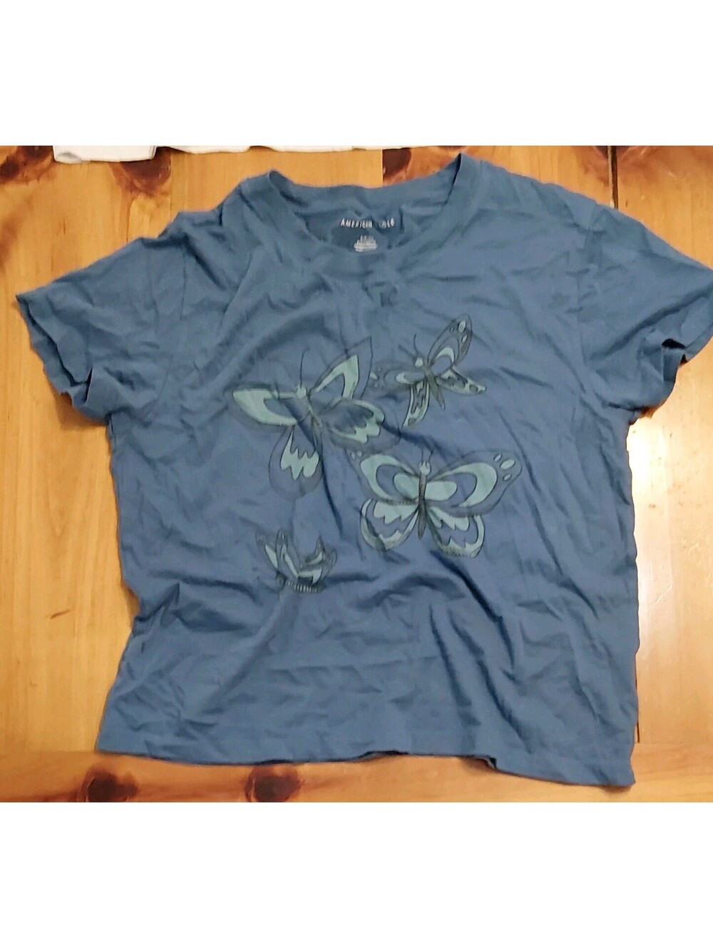 American Eagle Women's Blue Butterfly Graphic Print Crew Neck T-Shirt Size S